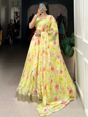 Impressive Yellow Floral Printed Silk Haldi Wear Lehenga Choli