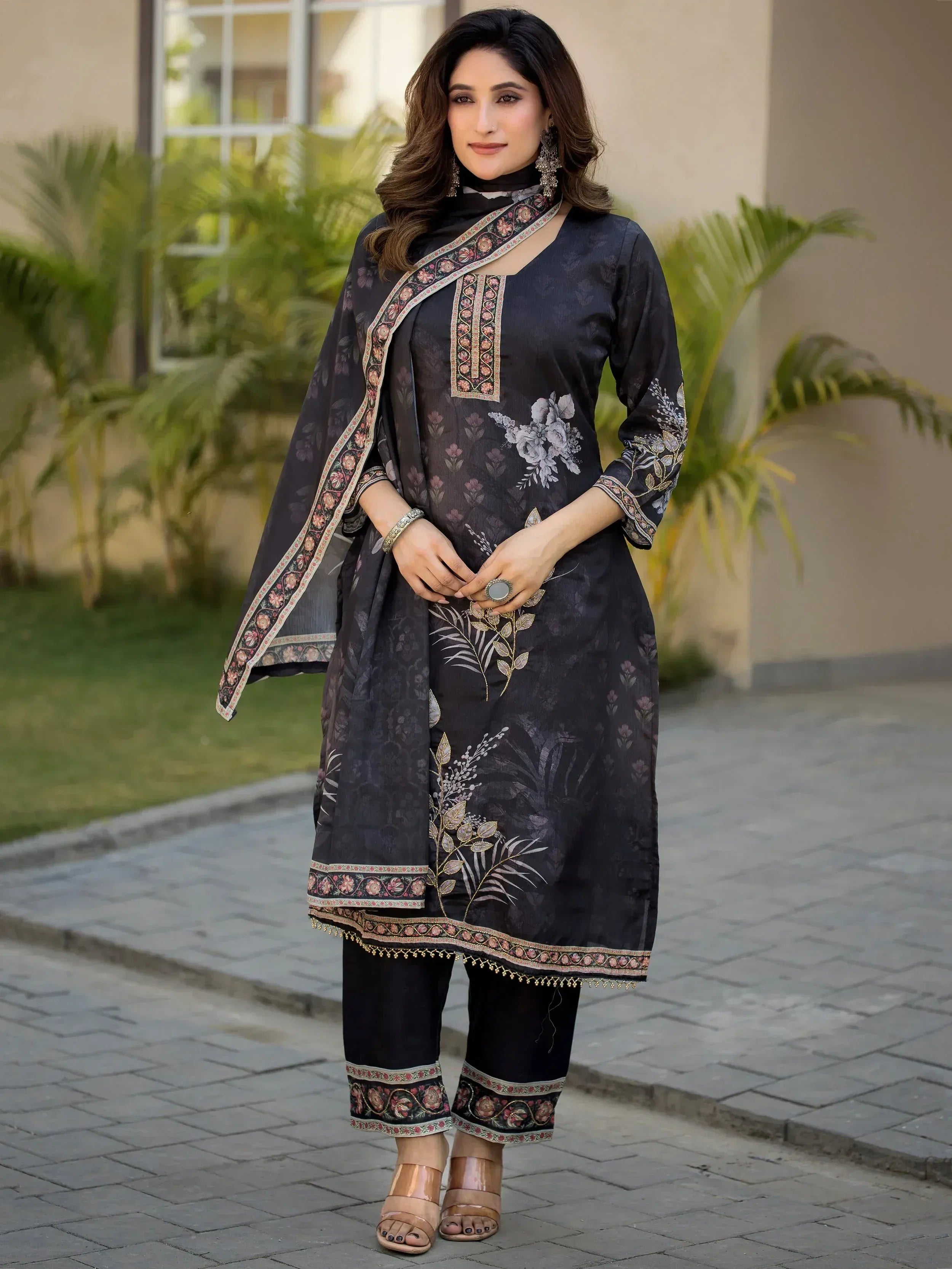 Adorable Black Digital Printed Chinon Traditional Straight Suit