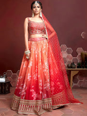 Awesome Orange Printed Silk Wedding Wear Plus Size Lehenga Choli