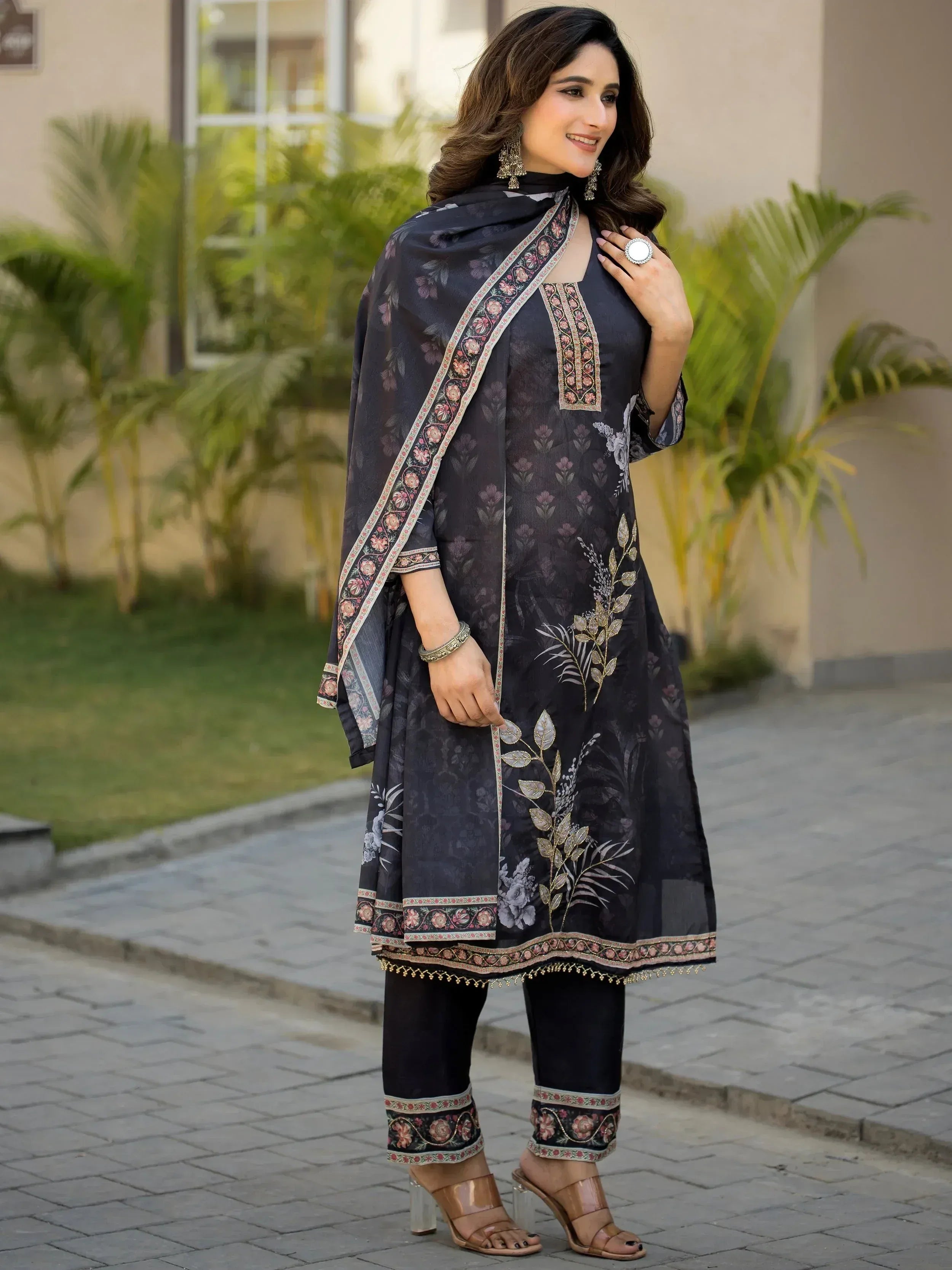 Adorable Black Digital Printed Chinon Traditional Straight Suit
