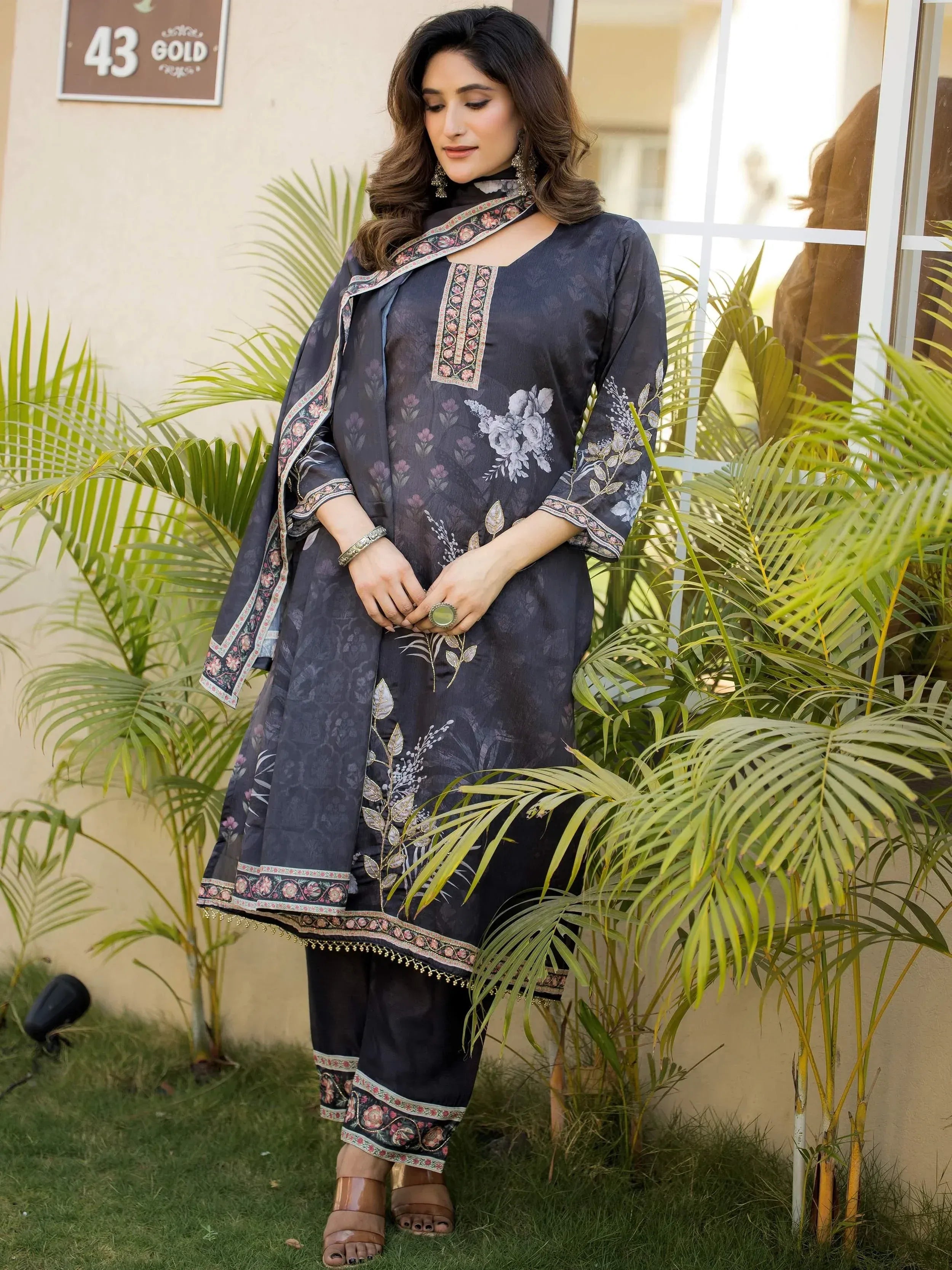 Adorable Black Digital Printed Chinon Traditional Straight Suit