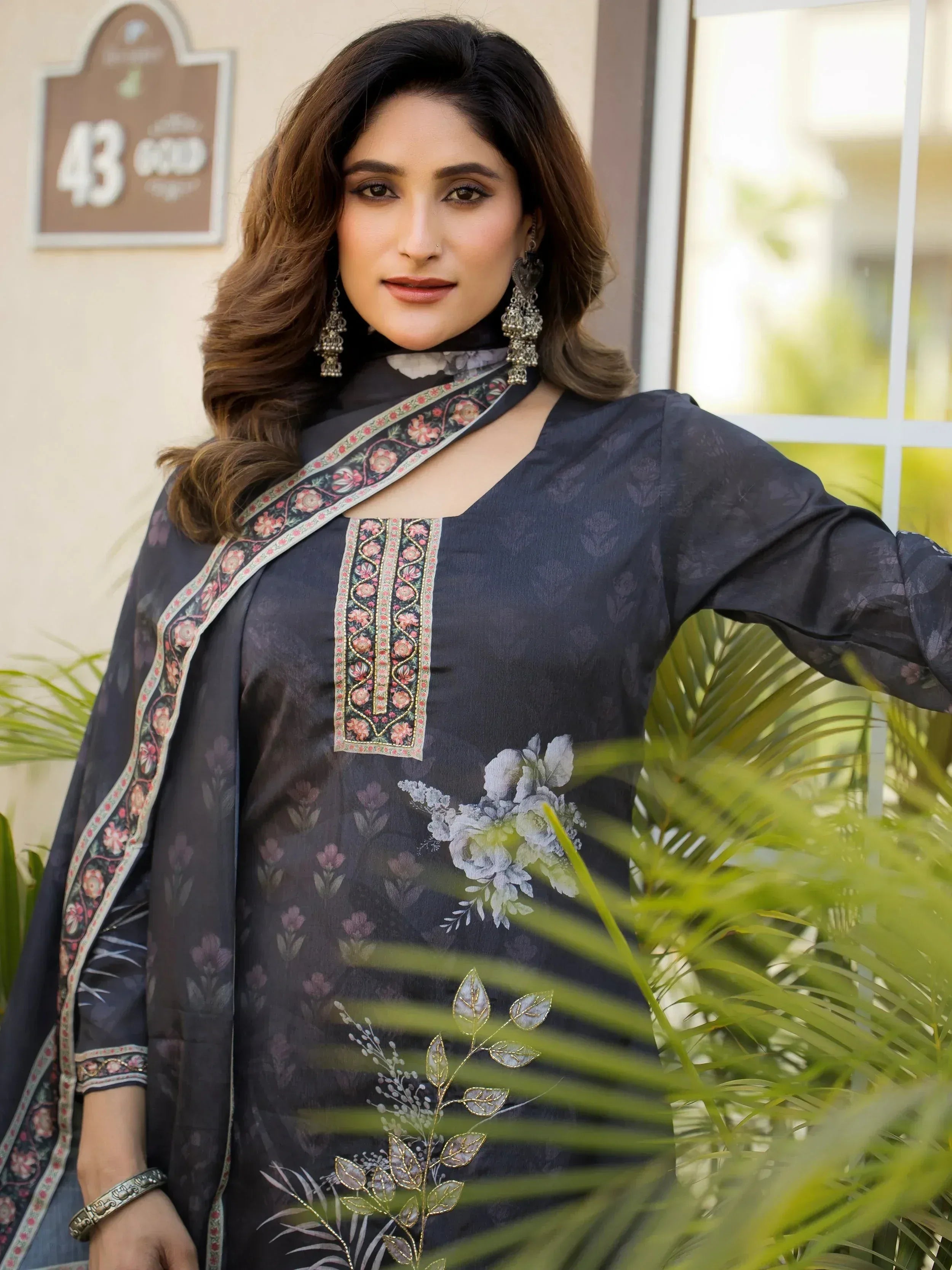 Adorable Black Digital Printed Chinon Traditional Straight Suit