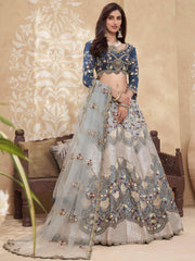 Glamorous Teal Blue Thread Embroidery Silk Wedding Lehenga Choli