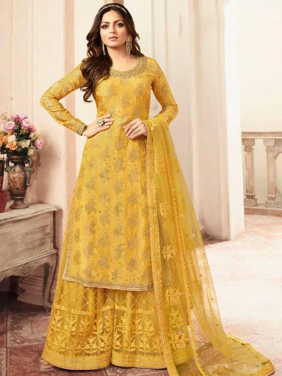 Yellow embroidered ethnic salwar kameez with dupatta, perfect for festive occasions and weddings