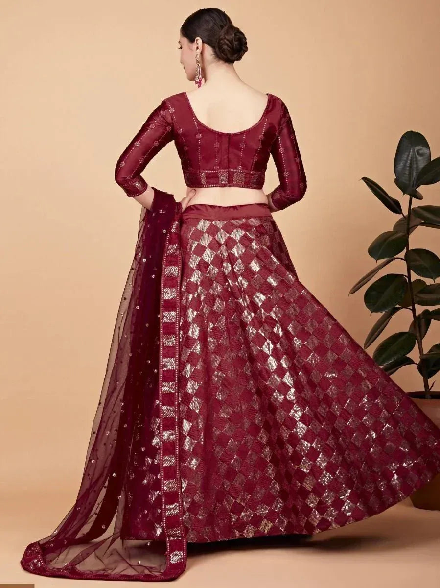 Maroon designer lehenga choli with checkered skirt and sheer dupatta, ethnic wear for women