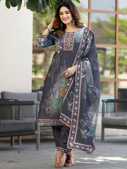 Wonderful Grey Digital Printed Chinon Festival Straight Suit