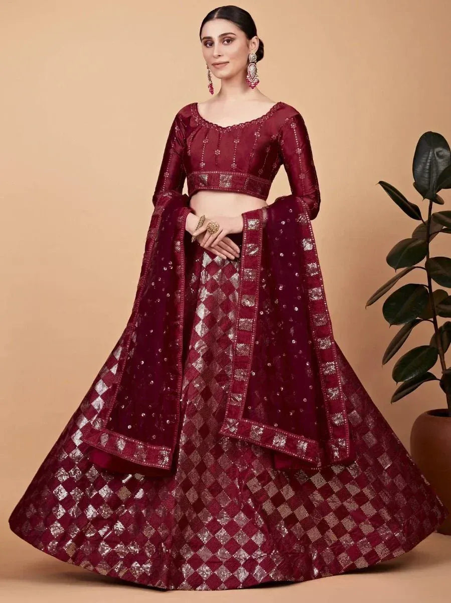 Maroon designer lehenga choli with silver checkered embroidery, perfect for Indian ethnic wear occasions