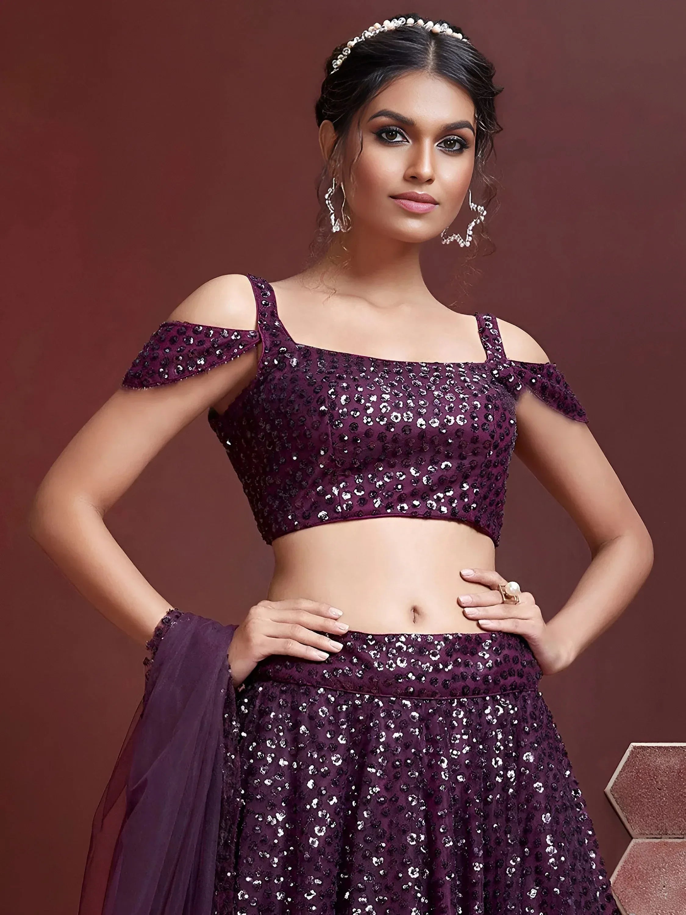 Glamorous Purple Sequins Net Reception Wear Plus Size Lehenga Choli