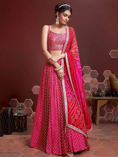 Great Pink Embroidery Pure Chinon Silk Party Wear Lehenga Choli