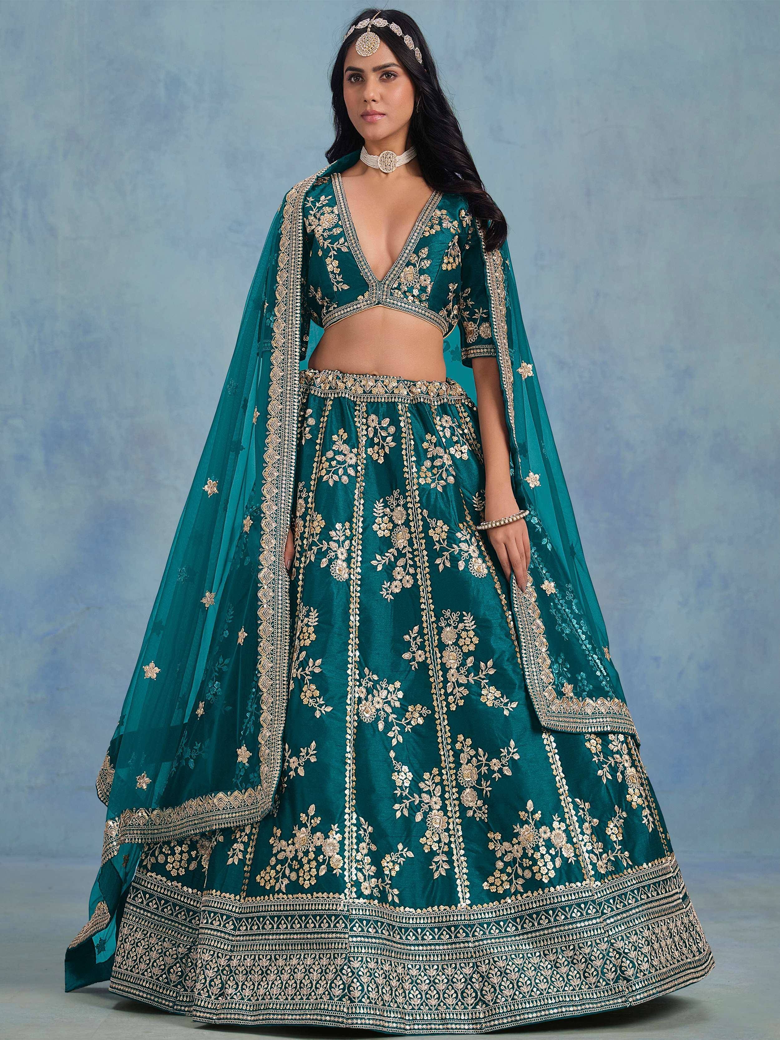 Fabulous Green Embroidered Silk Wedding Wear Lehenga Choli