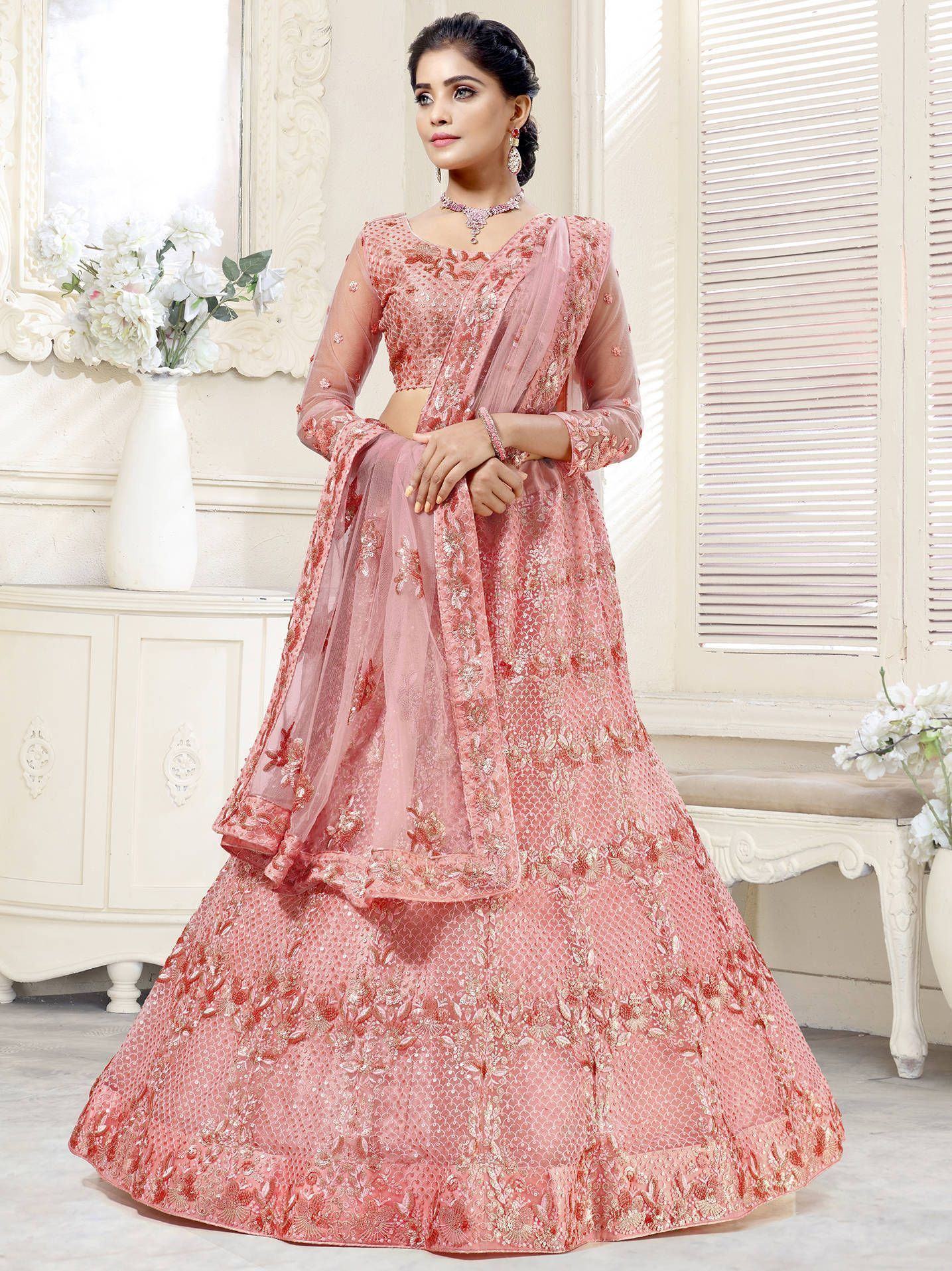 Gorgeous Peach Thread Net Work Festive Lehenga Choli