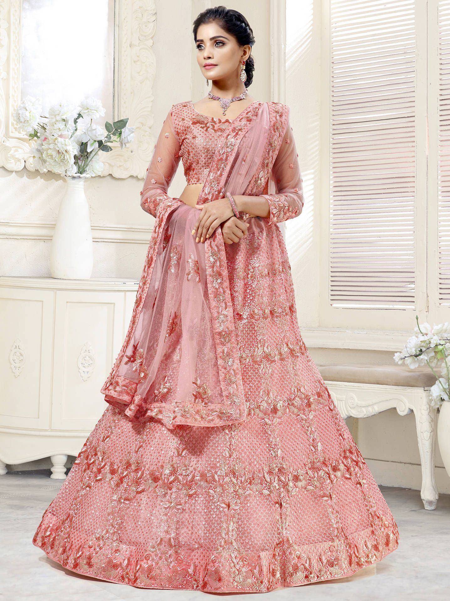 Pink embroidered lehenga choli with sheer dupatta, Indian ethnic wear for weddings and festivals