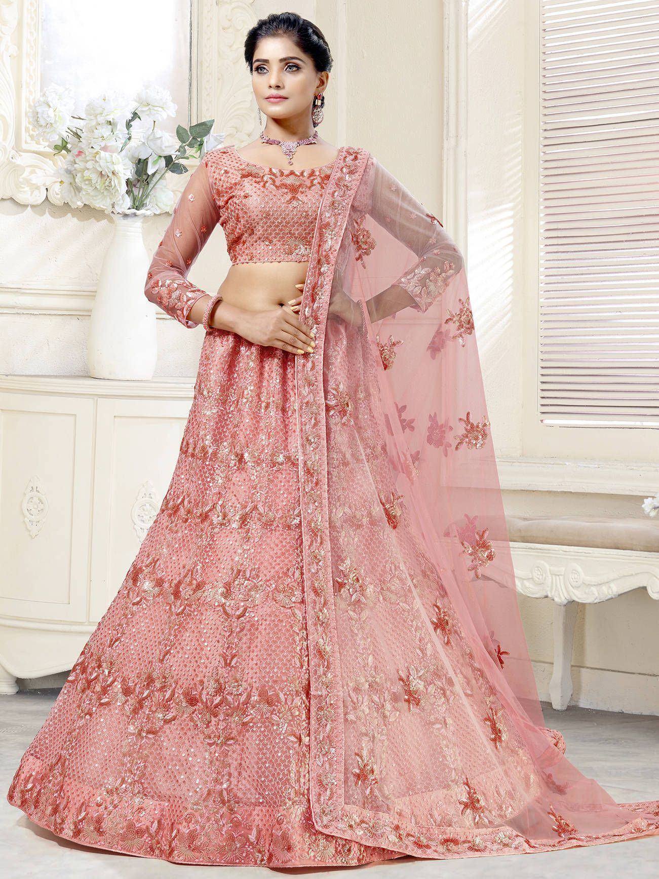 Pink embroidered lehenga choli with sheer dupatta, Indian ethnic wear for weddings and festivals