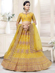 Magnetic Yellow Thread Net Festival Wear Lehenga Choli