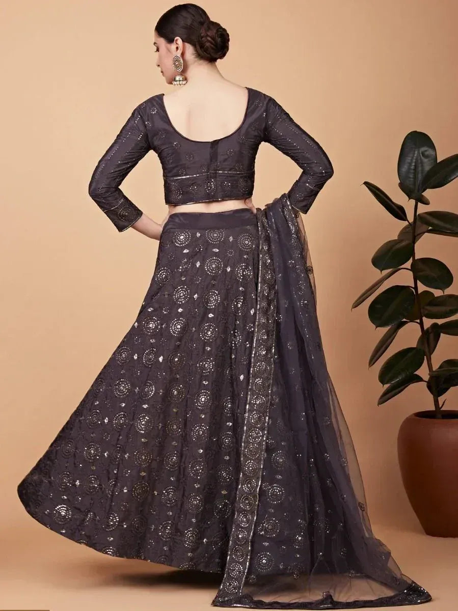 Black embroidered lehenga choli with sheer dupatta, ethnic Indian wear for women
