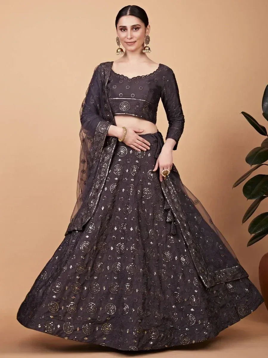 Black embroidered lehenga choli with sheer dupatta, perfect for Indian ethnic wear occasions