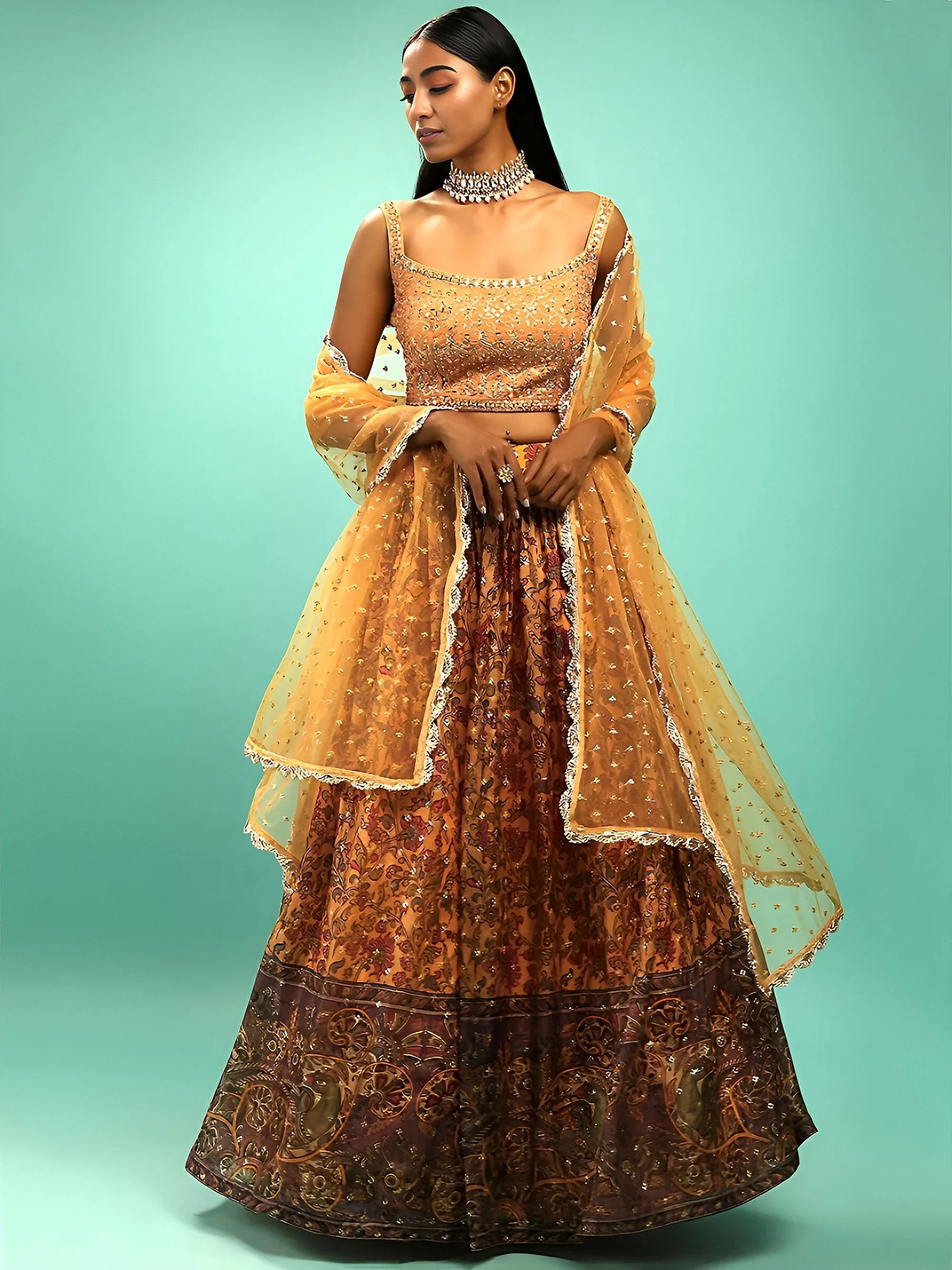 Great Yellow Printed Chinon Engagement Wear Plus Size Lehenga Choli