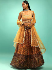 Awesome Yellow Chinon Digital Print Designer Reception Wear Lehenga