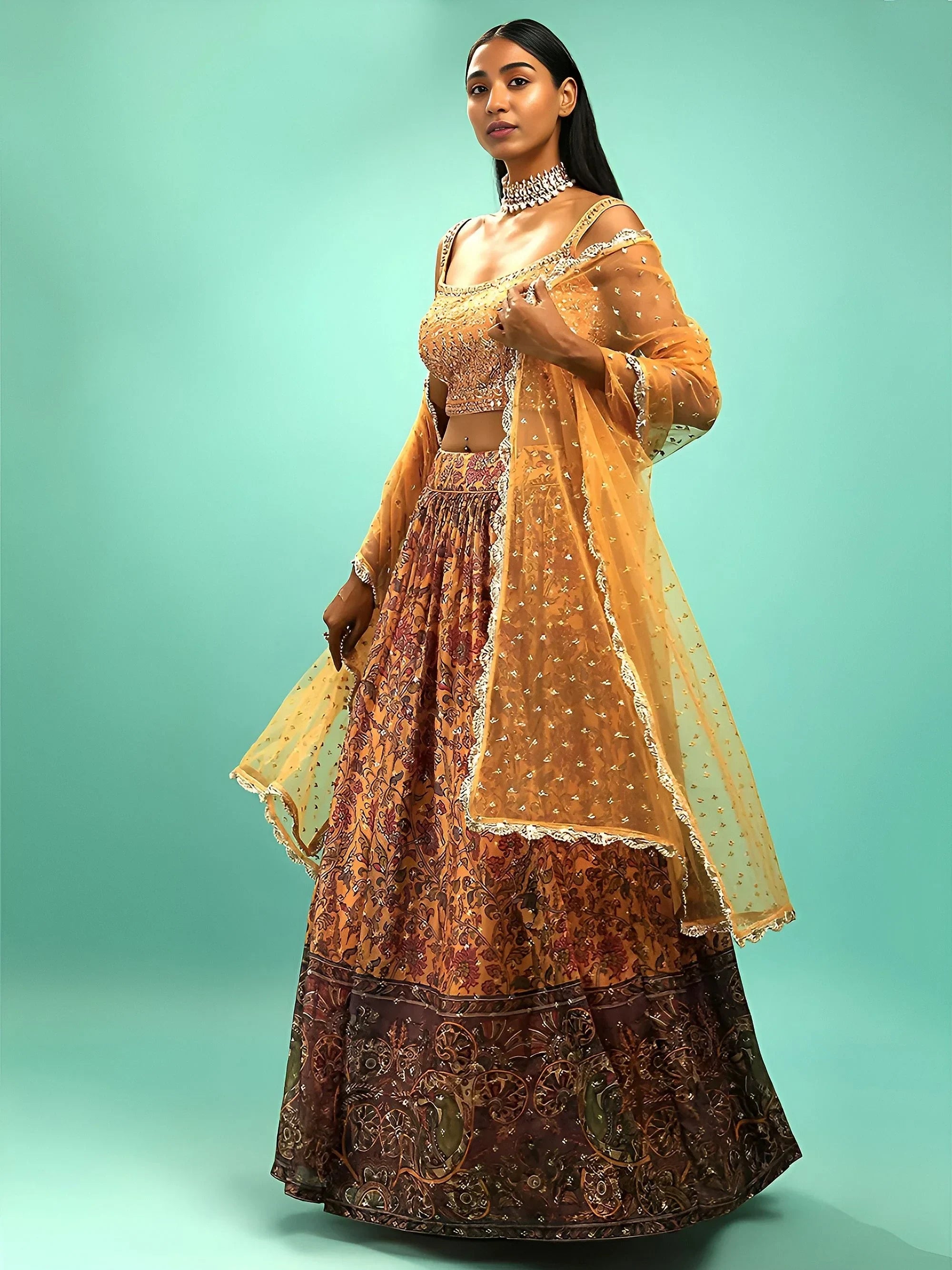 Awesome Yellow Chinon Digital Print Designer Reception Wear Lehenga