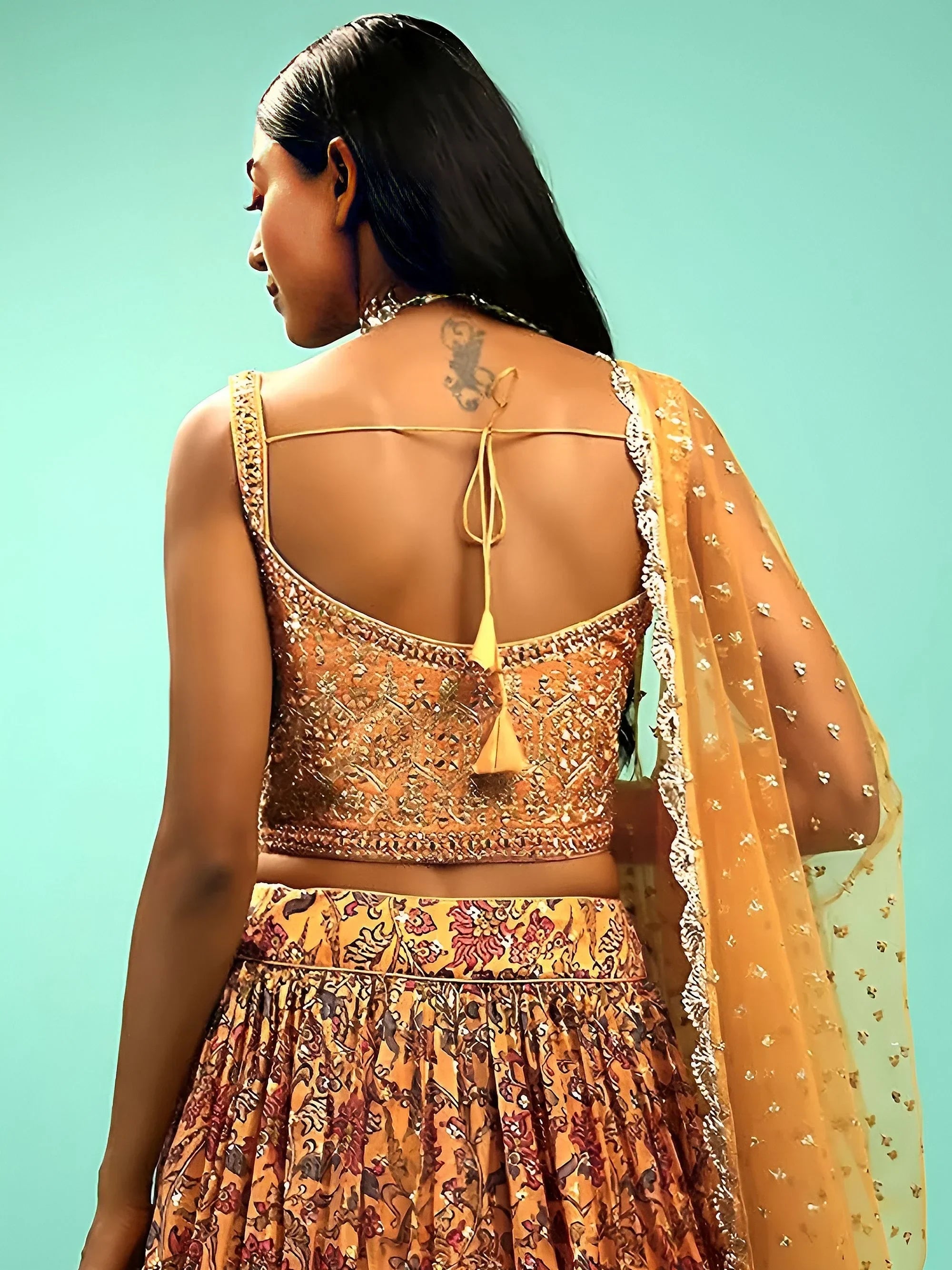 Awesome Yellow Chinon Digital Print Designer Reception Wear Lehenga