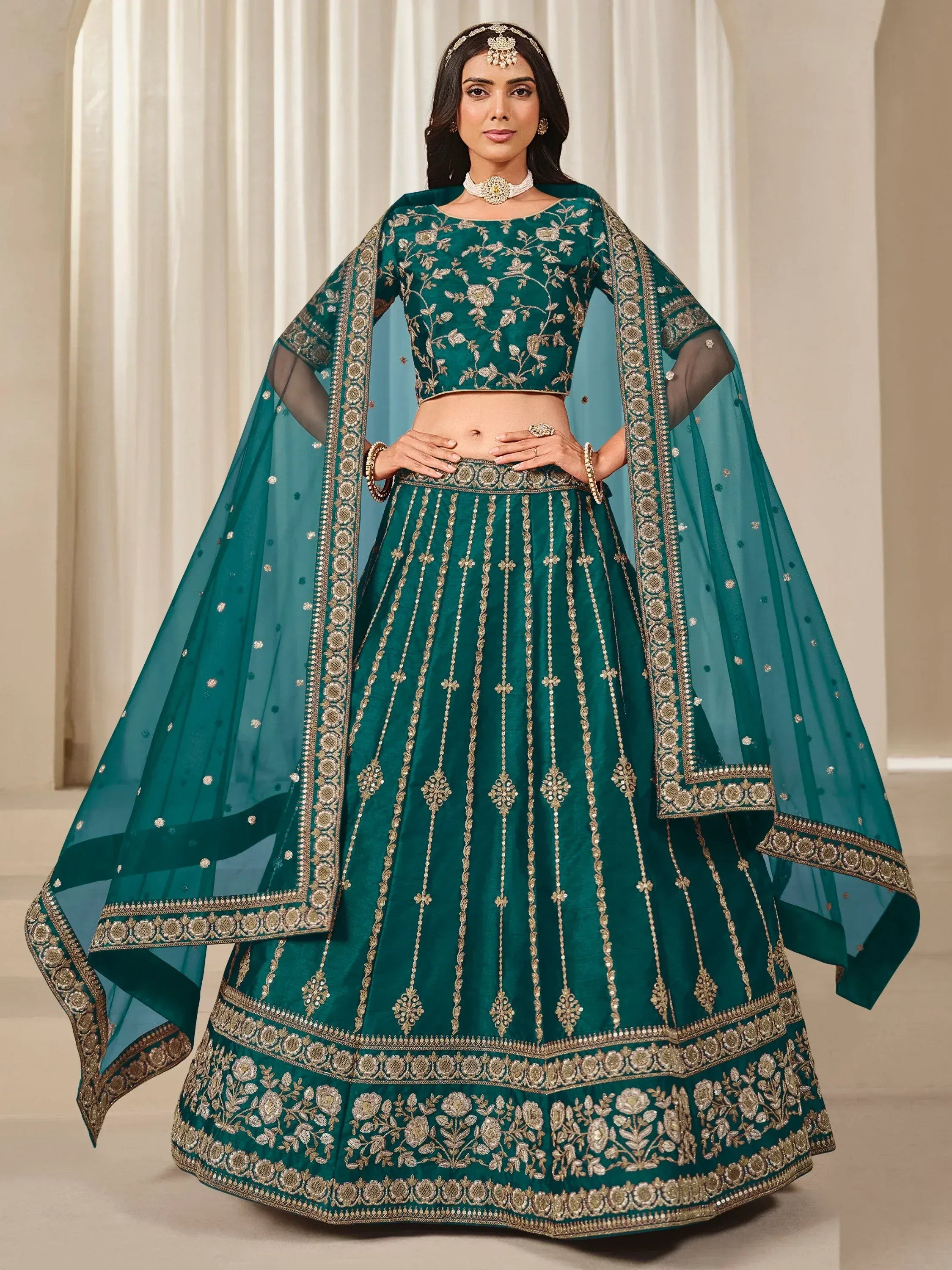 Awesome Green Zari Work Art Silk Mehendi Wear Lehenga With Blouse
