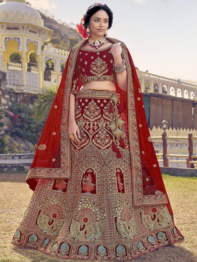 Gorgeous Maroon Multi Embroidery Velvet Bridal Lehenga Choli