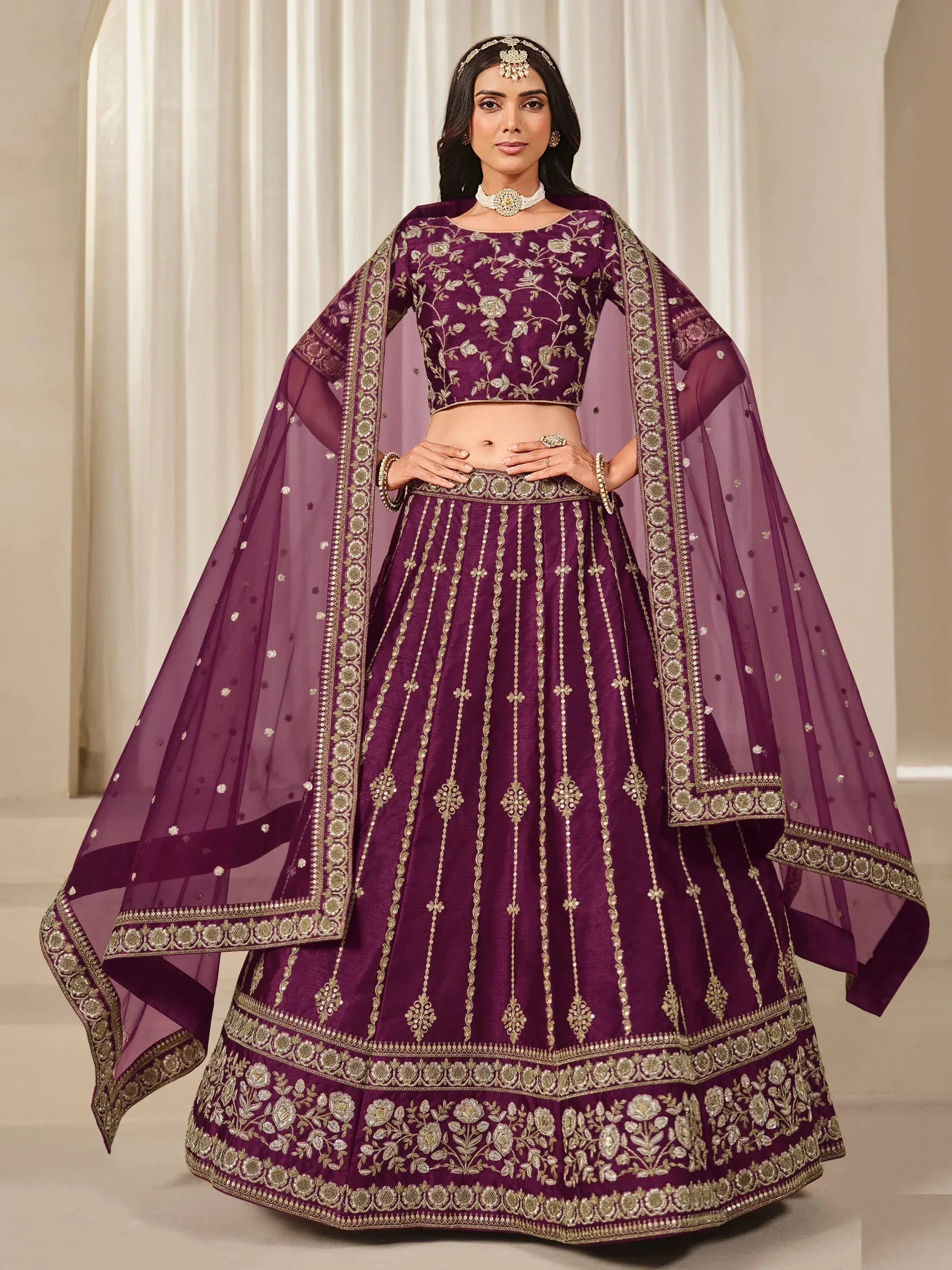 Delightful Wine Dori Work Art Silk Reception Wear Lehenga Choli