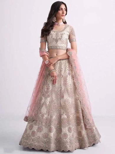 Lustrious Off-white Cording Work Net Bridal Lehenga Choli