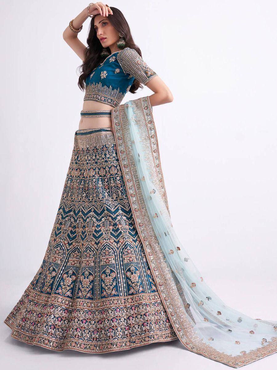 Blue embroidered lehenga choli with gold detailing and sheer dupatta, Indian ethnic wear