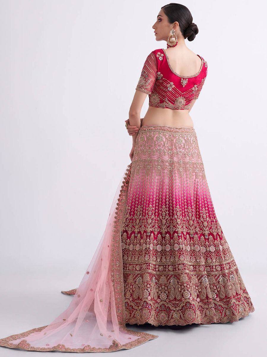 Pink and gold embroidered lehenga choli with sheer dupatta, Indian ethnic wear for weddings