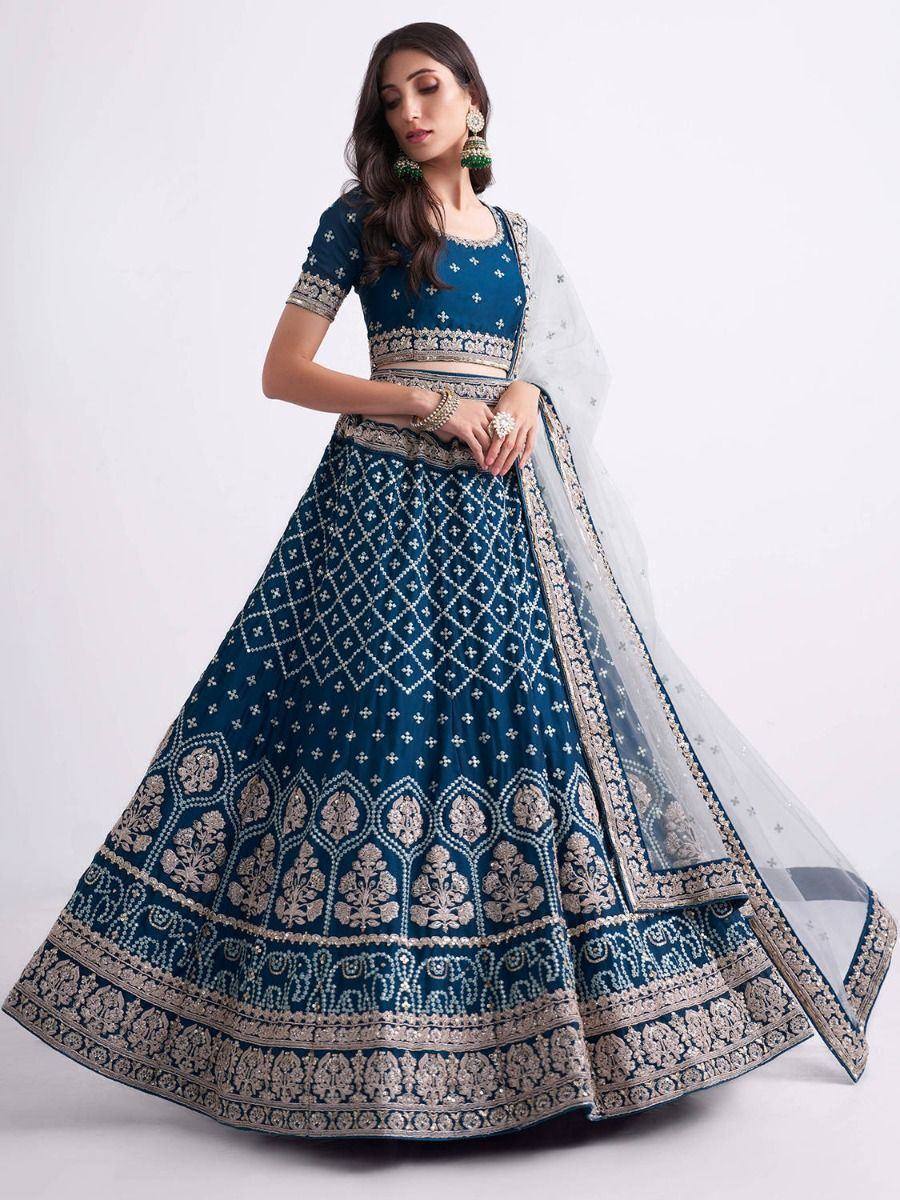 Blue designer lehenga choli with gold embroidery and sheer dupatta, Indian ethnic wear