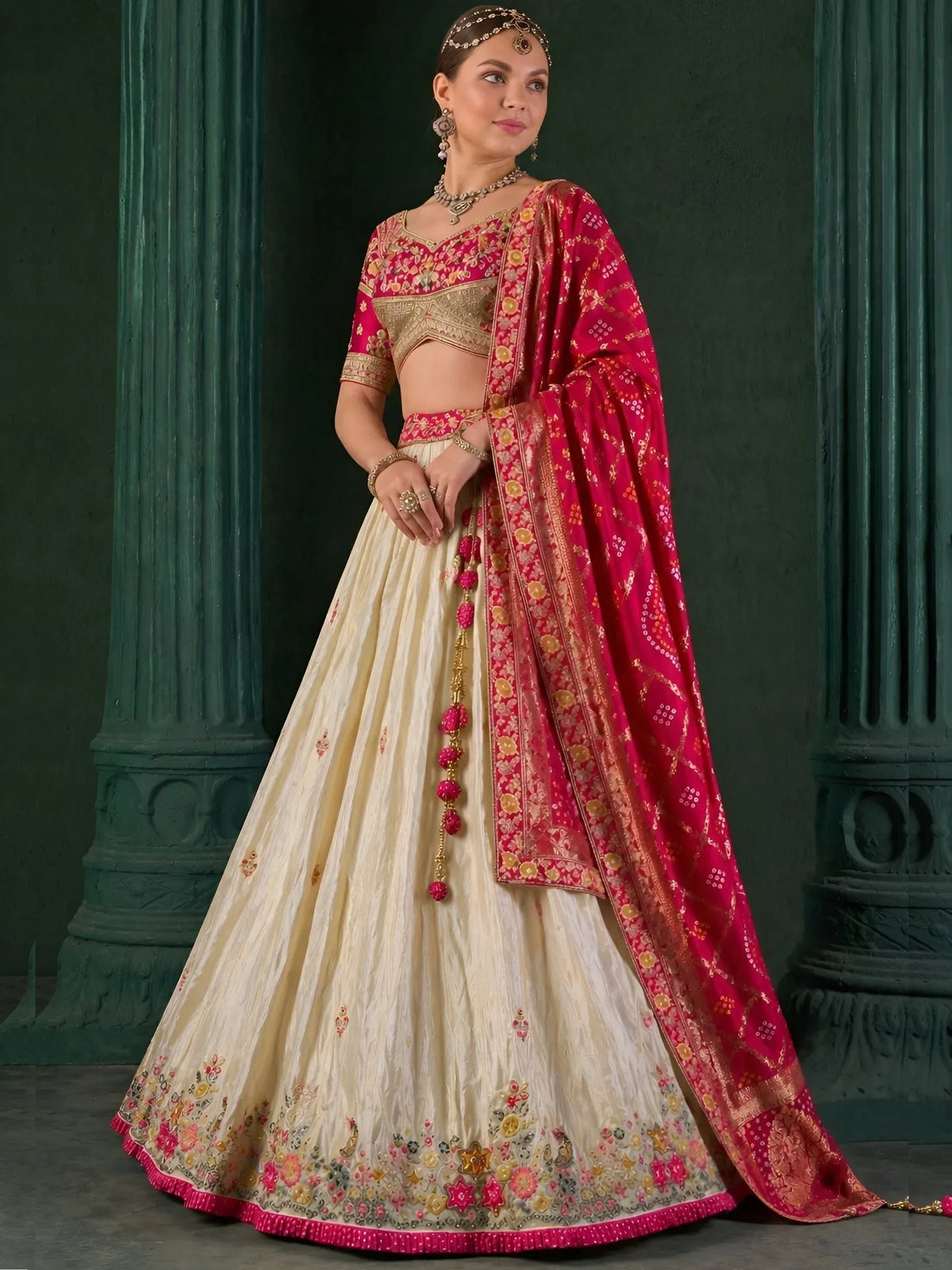 Attractive Beige Thread Work Tissue Designer Lehenga Choli With Dupatta