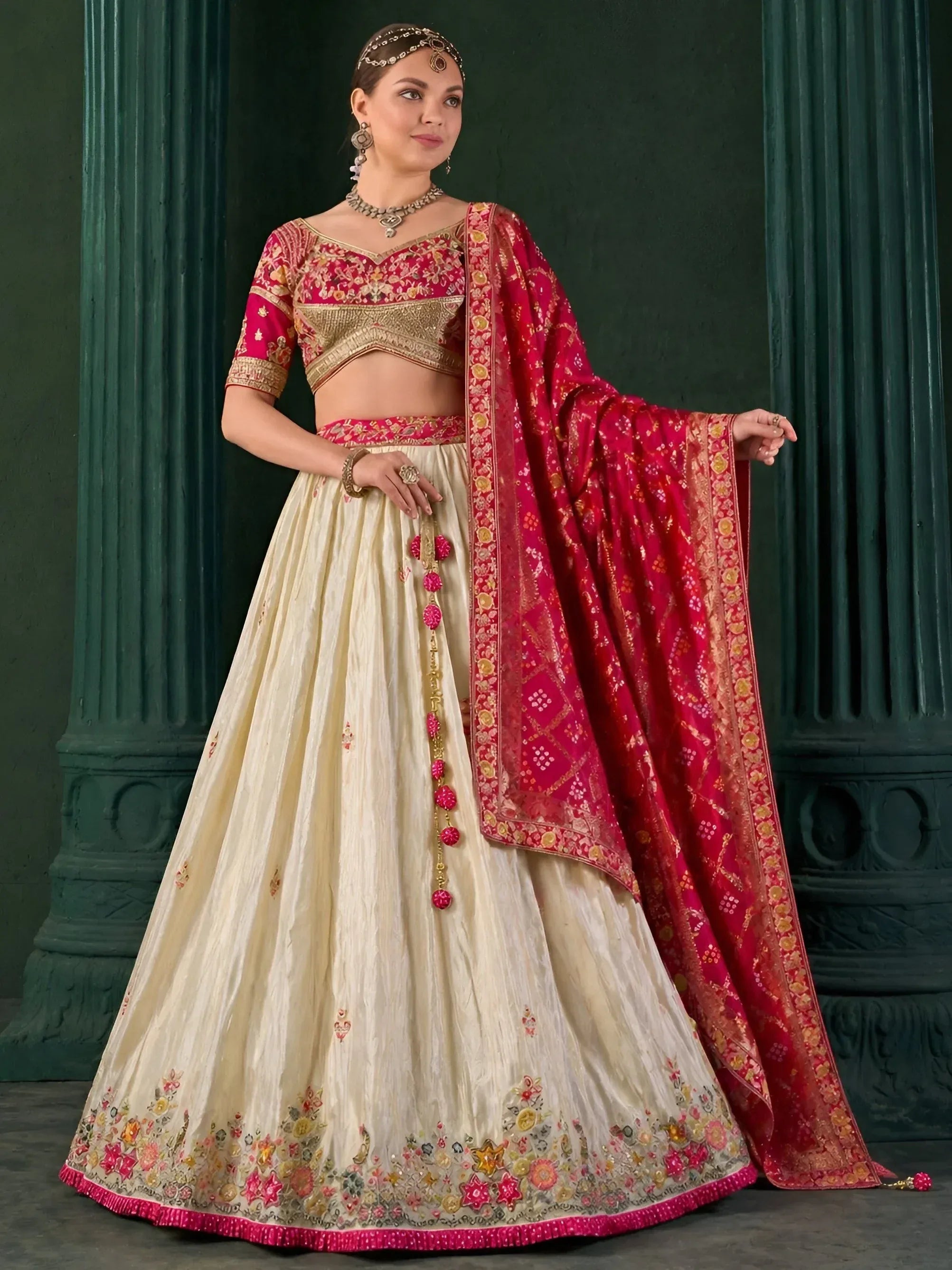 Attractive Beige Thread Work Tissue Designer Lehenga Choli With Dupatta