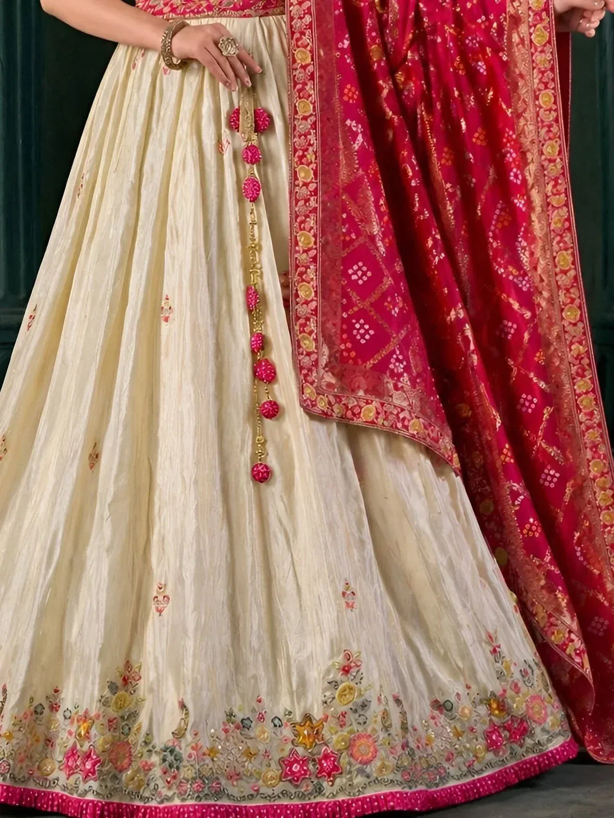Attractive Beige Thread Work Tissue Designer Lehenga Choli With Dupatta