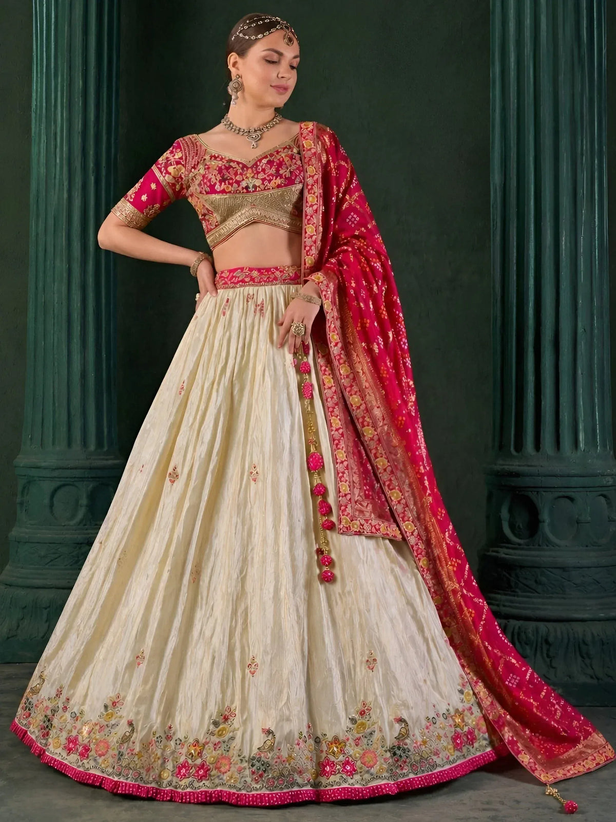 Attractive Beige Thread Work Tissue Designer Lehenga Choli With Dupatta