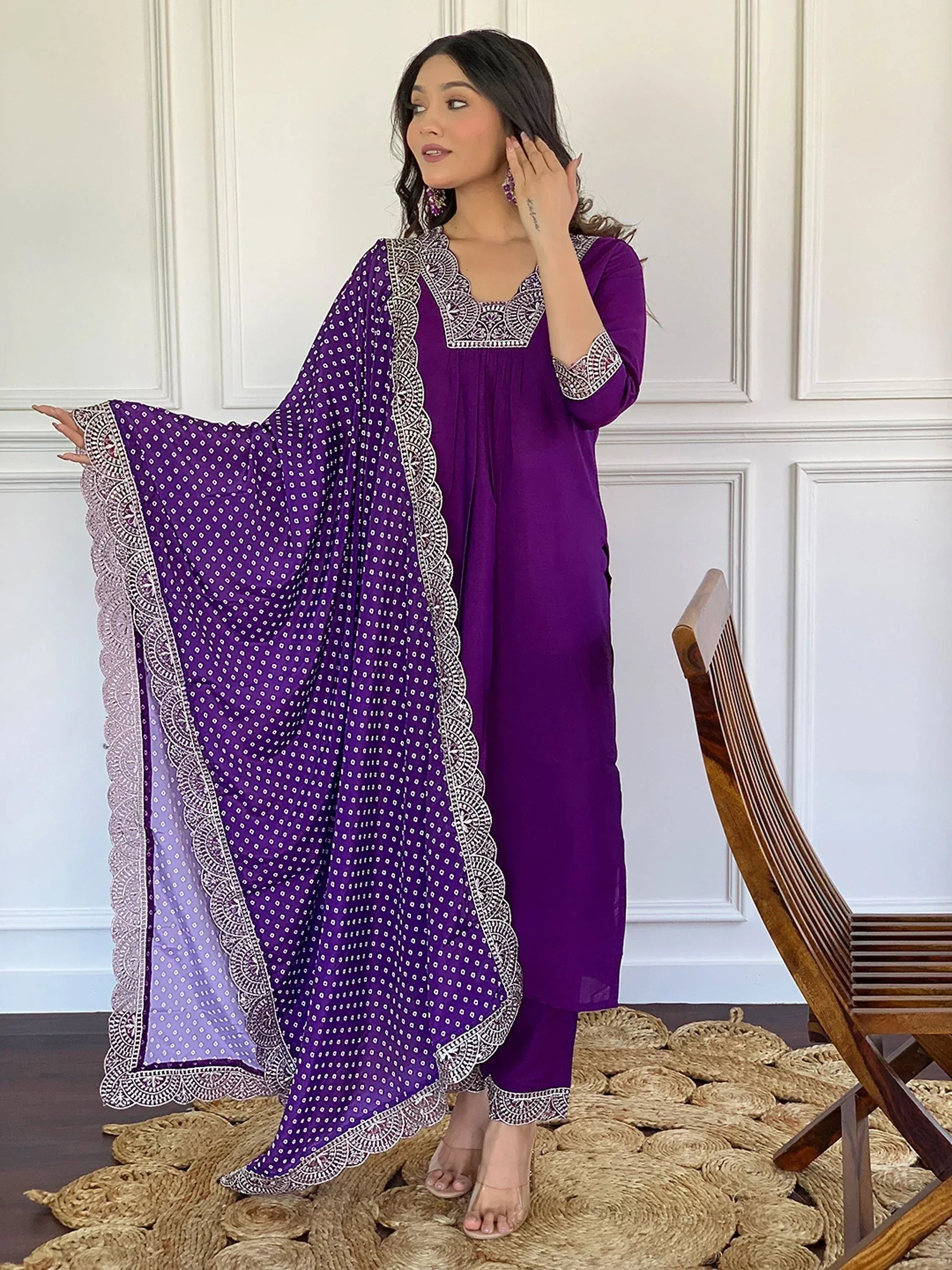 Purple ethnic salwar kameez with white embroidery and printed dupatta, stylish Indian wear