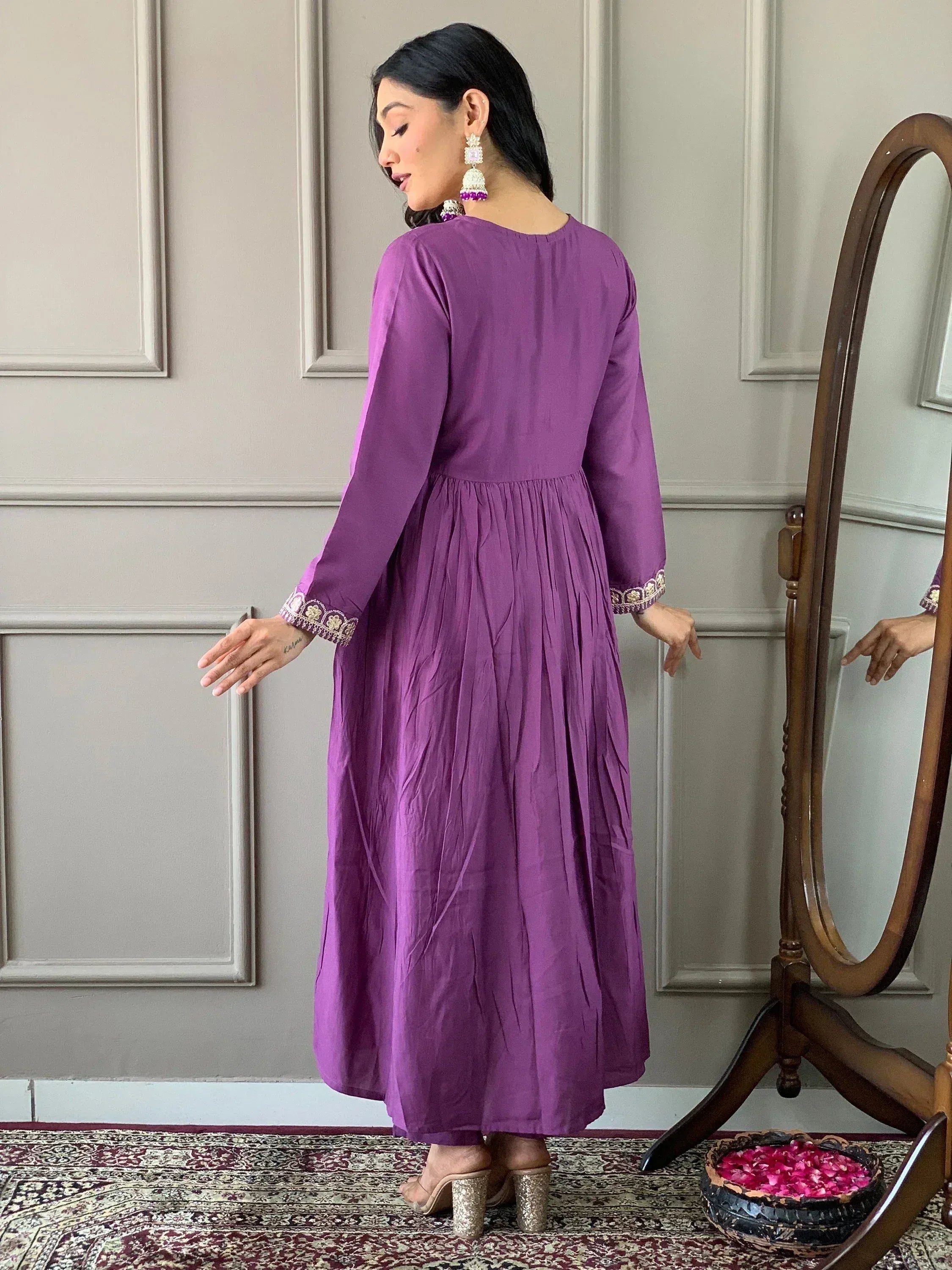 Purple ethnic gown with embroidered sleeves, perfect for Indian occasions and festive wear
