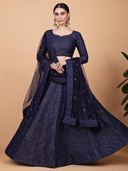 Spectacular Navy-blue Embroidered Silk Party Wear Lehenga Choli