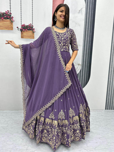 Alluring Purple Georgette Engagement Wear Gown With Dupatta