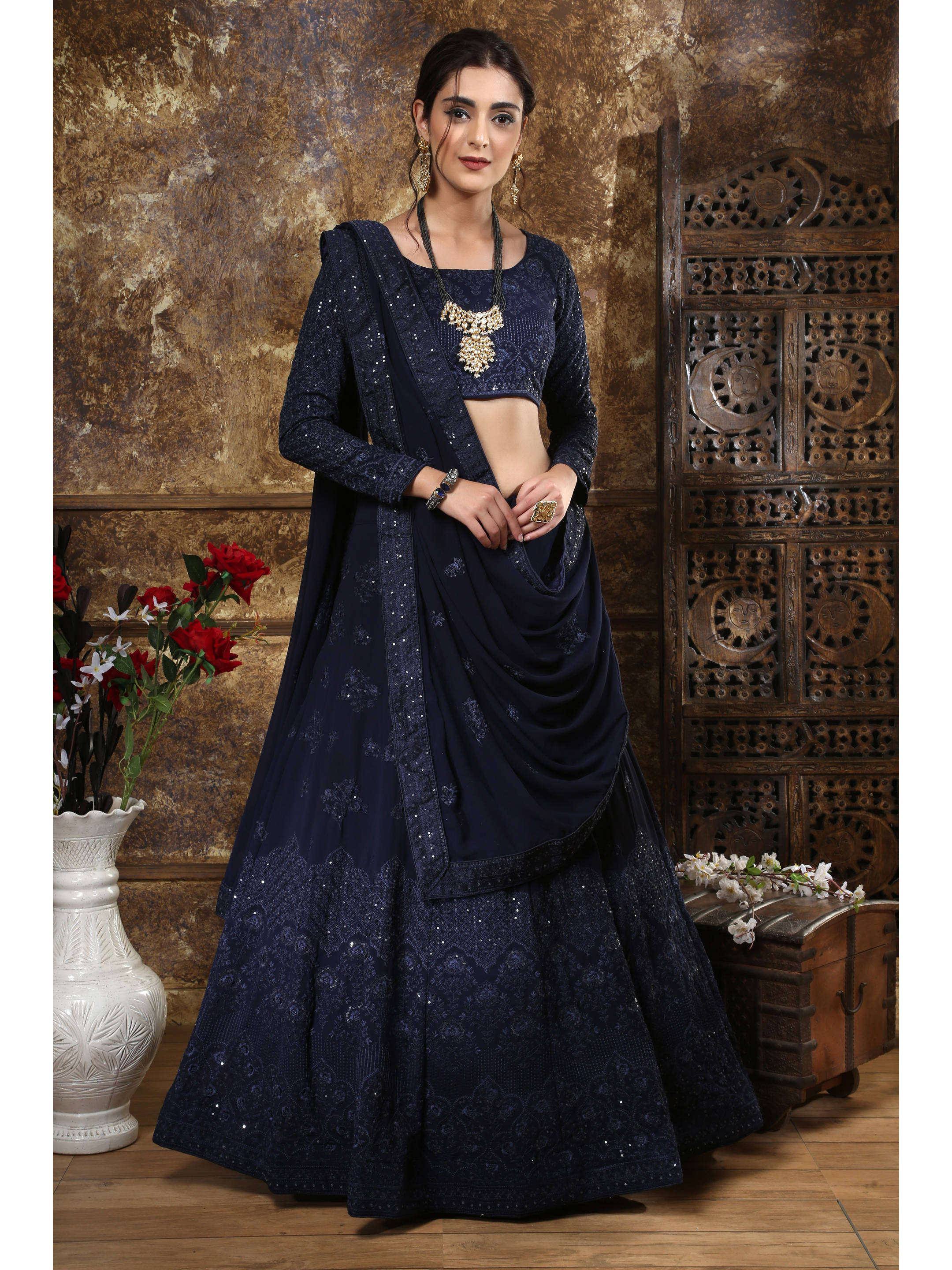 Navy blue designer lehenga choli with sequin work, perfect for Indian ethnic wear occasions