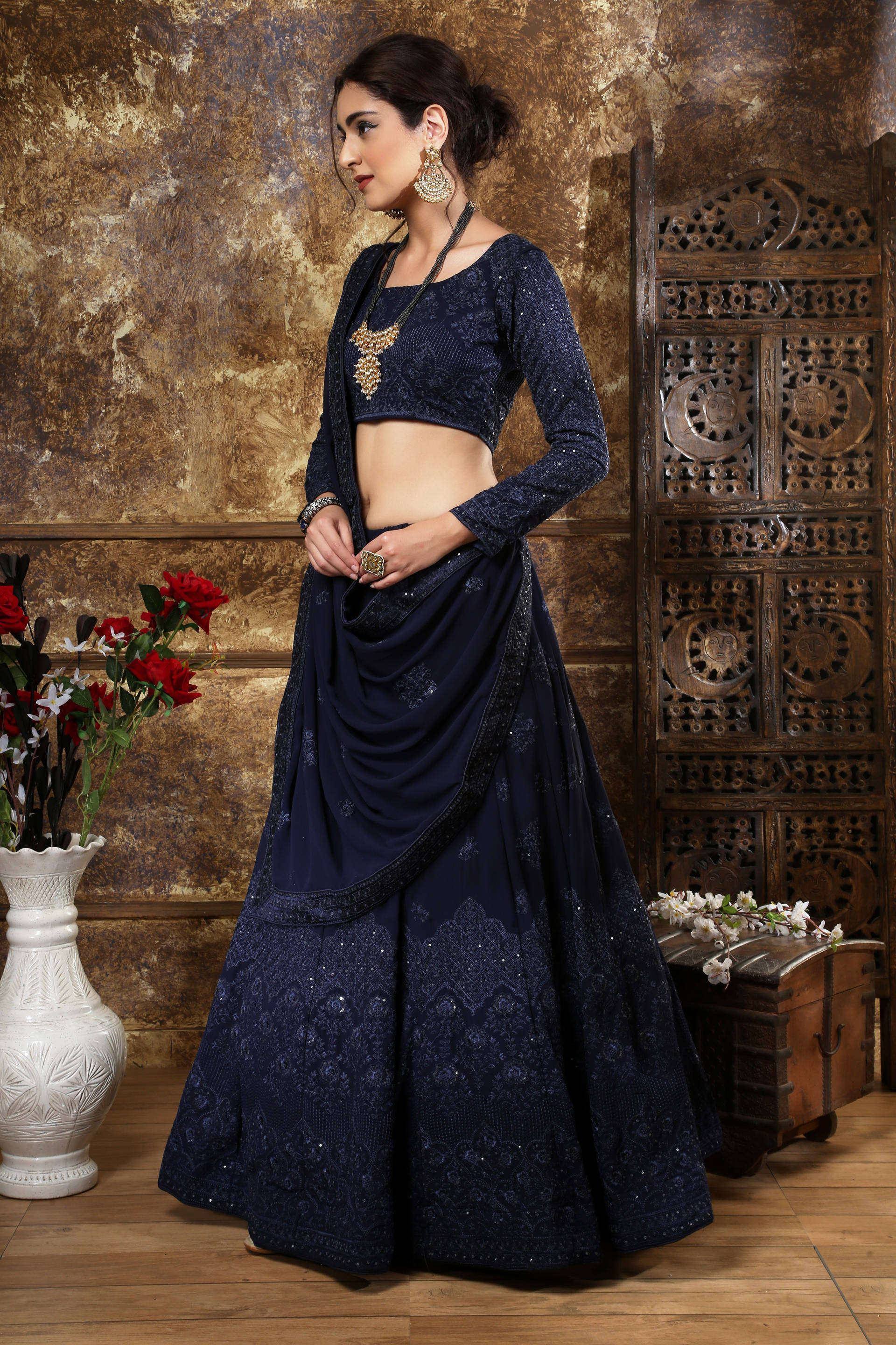 Navy blue designer lehenga choli with sequin embroidery, perfect for Indian ethnic wear occasions