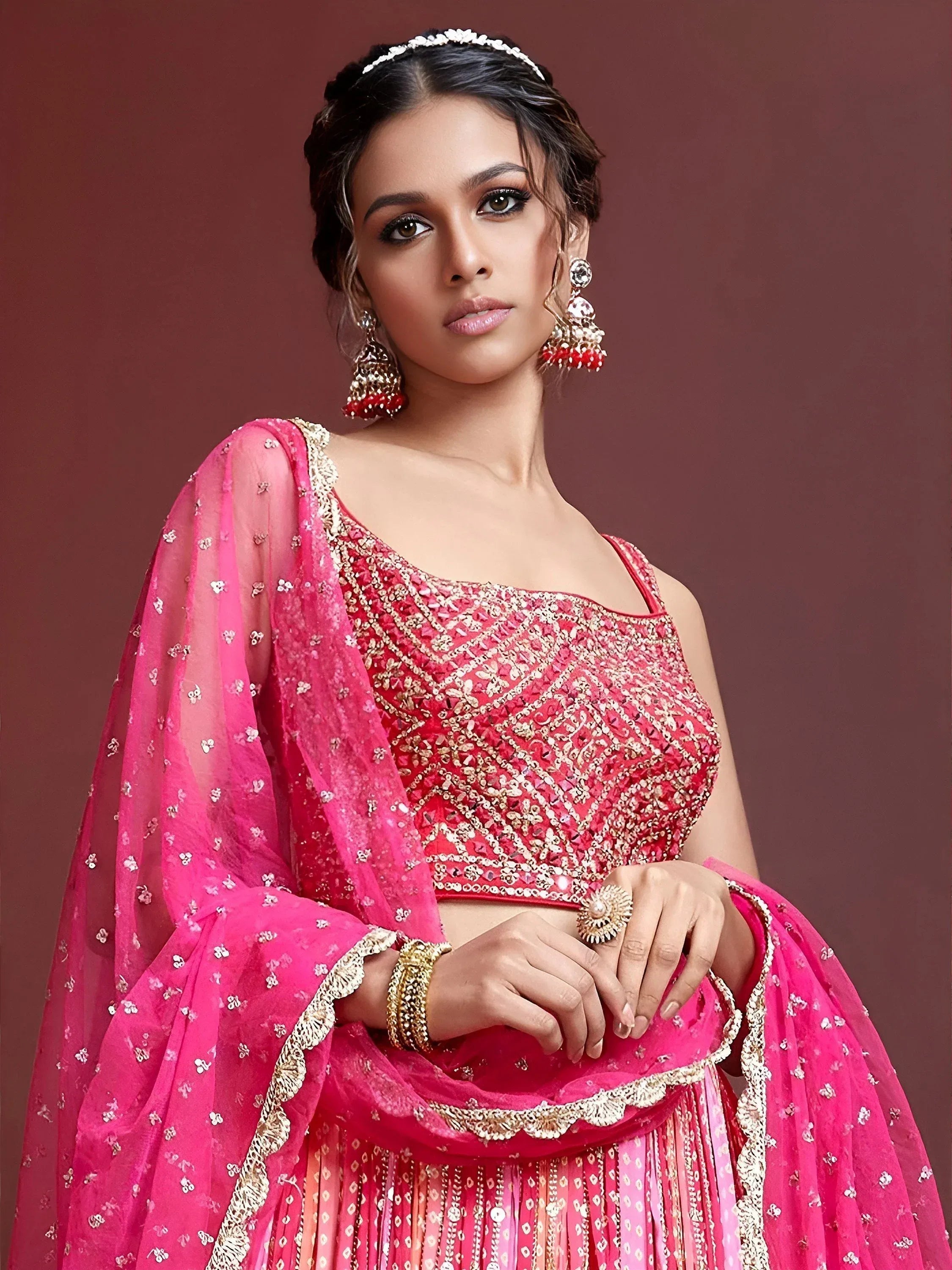 Attractive Pink Embroidered Chinon Wedding Wear Plus Size Lehenga Choli
