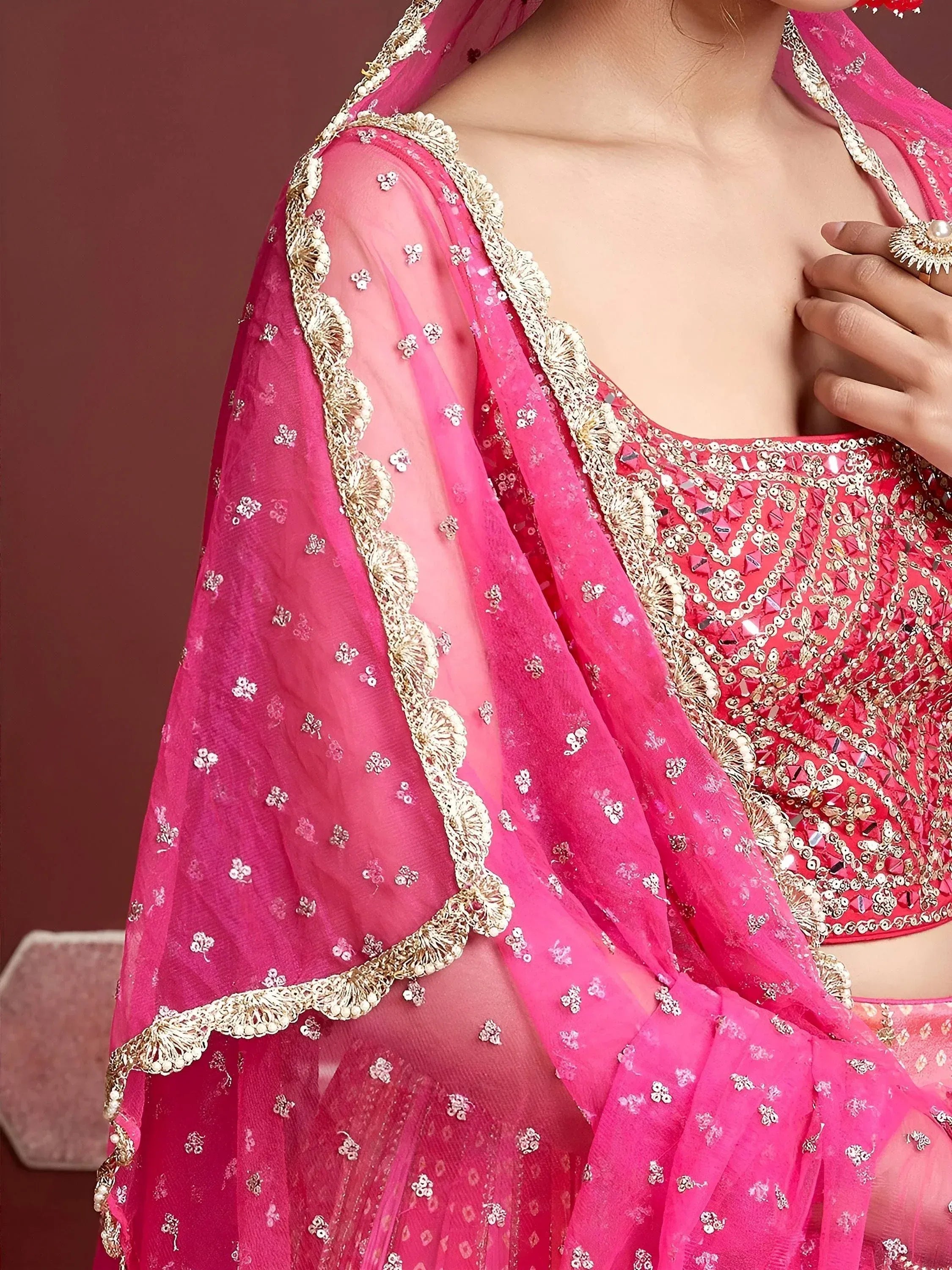 Attractive Pink Embroidered Chinon Wedding Wear Plus Size Lehenga Choli
