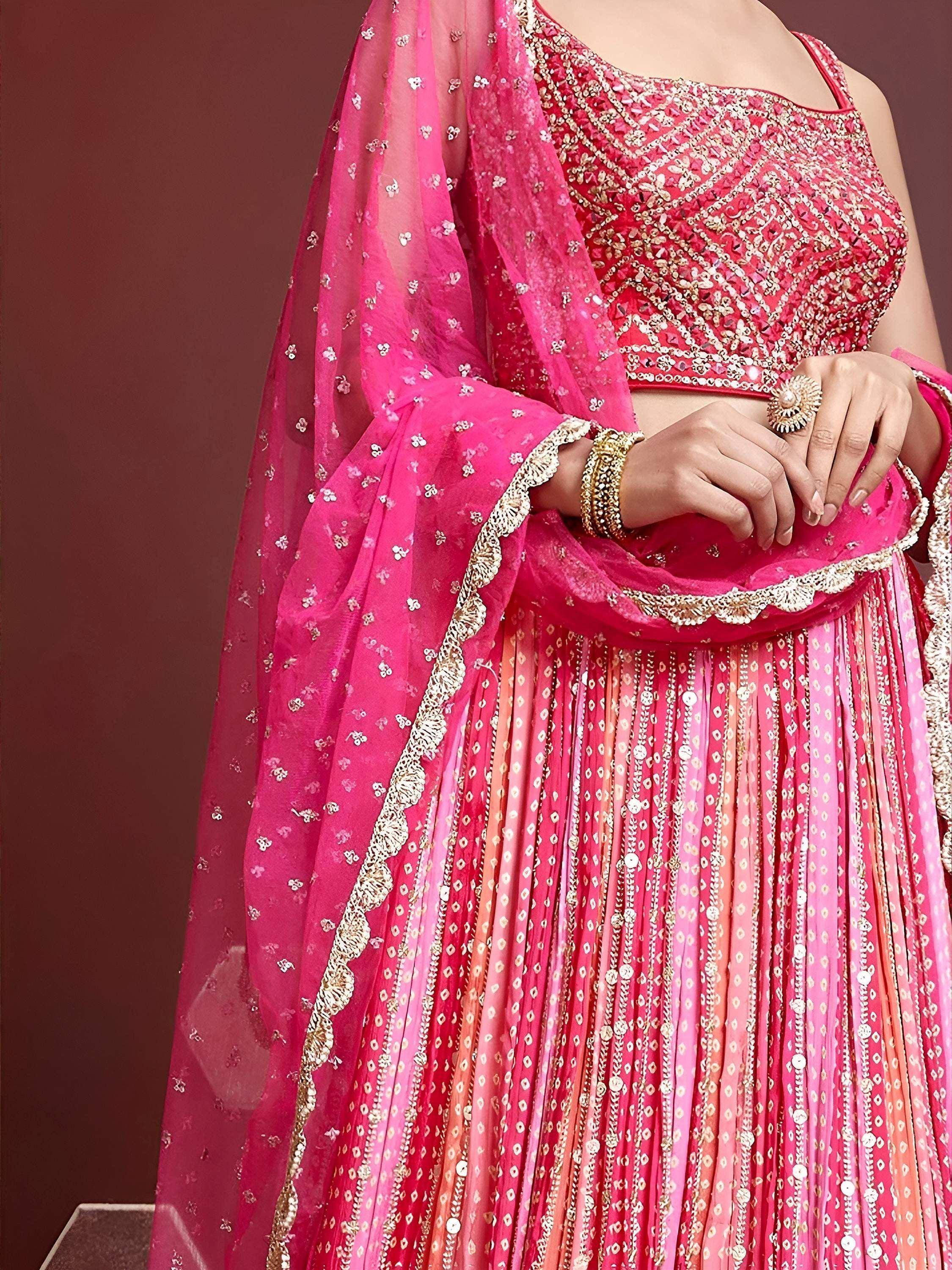 Attractive Pink Embroidered Chinon Wedding Wear Plus Size Lehenga Choli