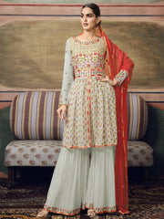 Fantastic Light Green Thread Embroidered Georgette Party Wear Sharara Suit