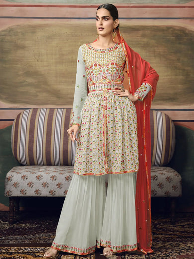Fantastic Light Green Thread Embroidered Georgette Party Wear Sharara Suit