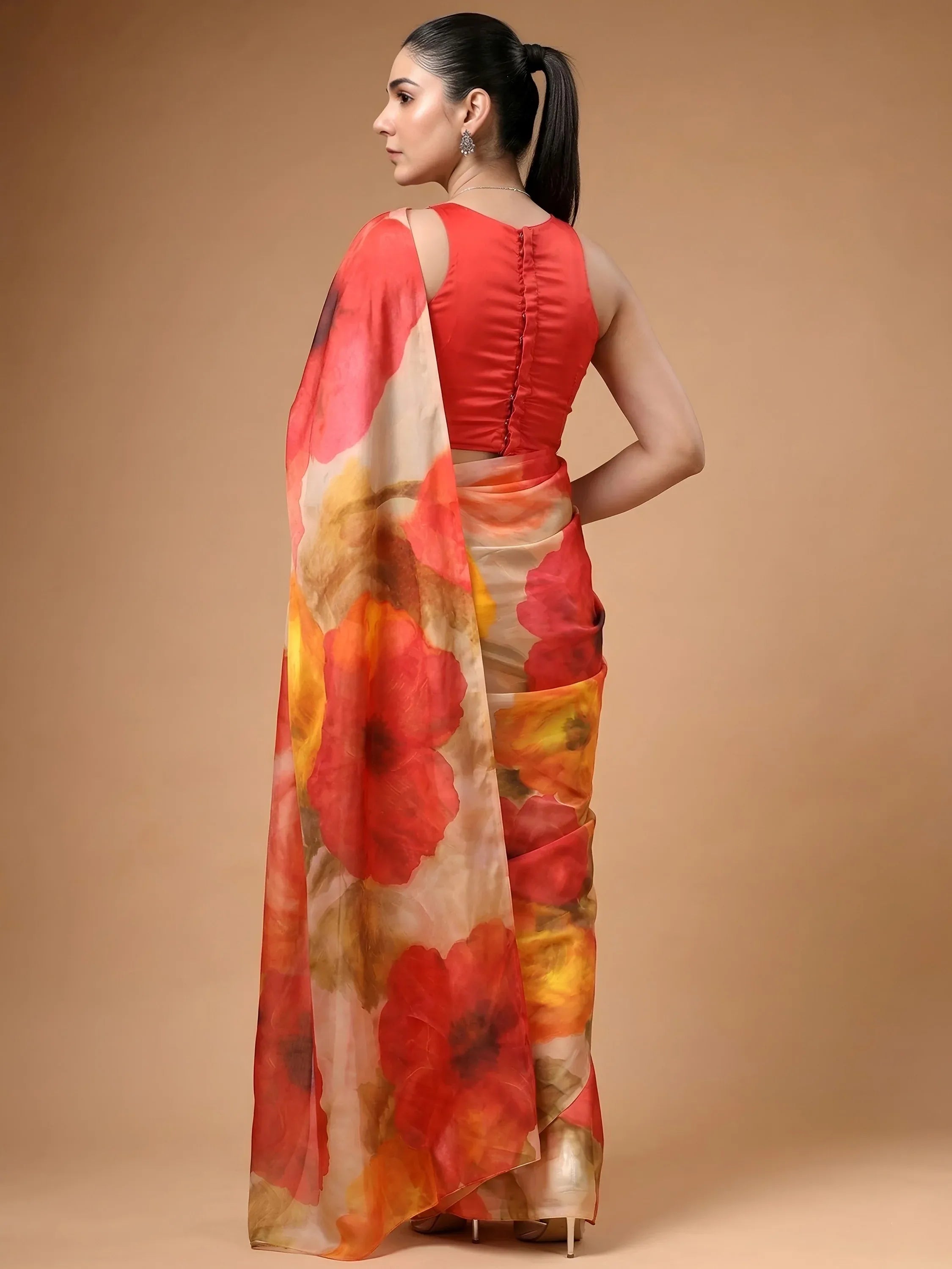 Captivating Multi Color Floral Printed Satin Event Wear Saree With Blouse