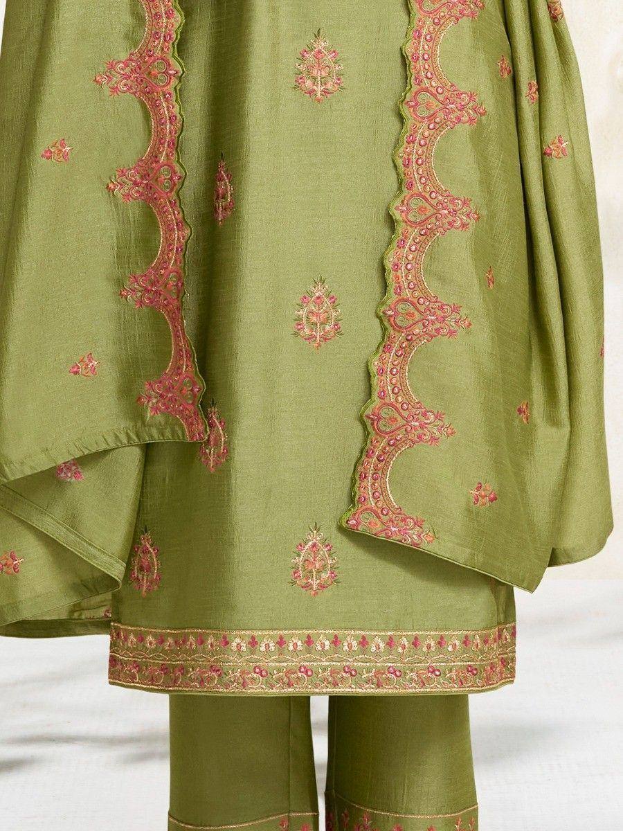 Olive green embroidered salwar kameez with pink floral detailing and scalloped dupatta border