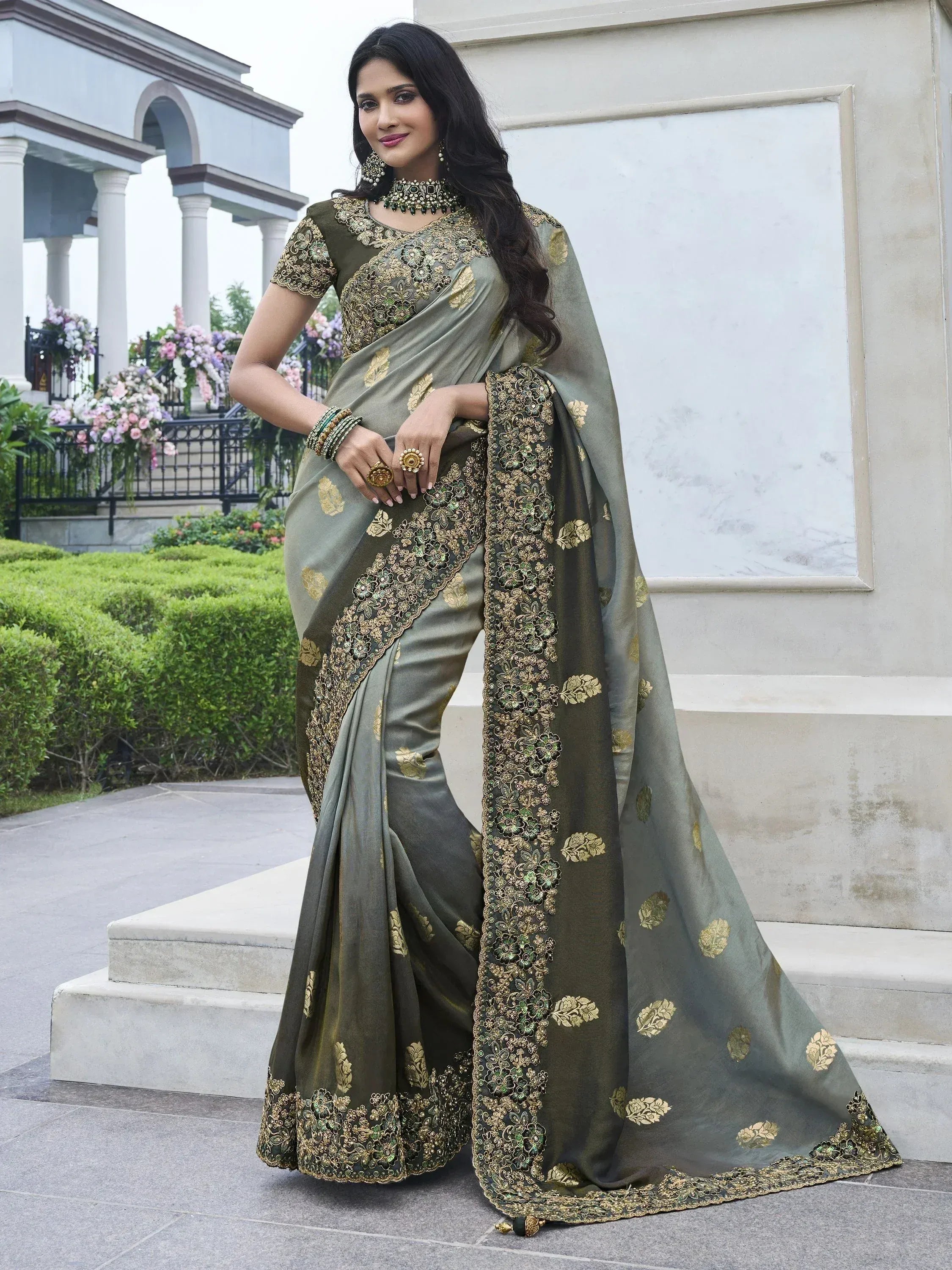 Beautiful Grey Embroidery Work Organza Silk Wedding Wear Saree