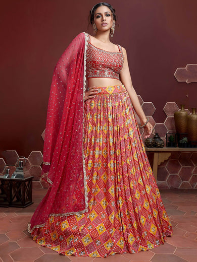 Glamorous Red Chinon Digital Print Designer Wear Lehenga Choli